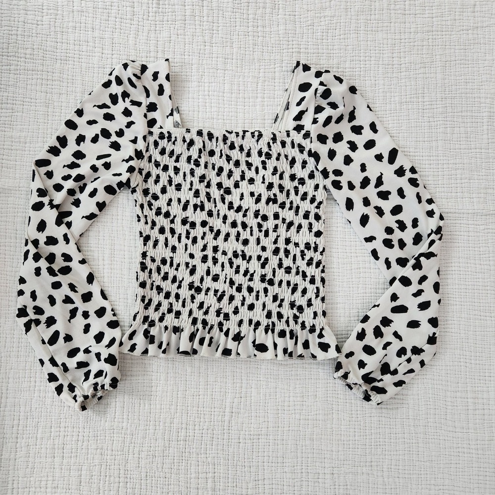 Lark + Grey Smocked Top Women White Black Animal Print, Size Small